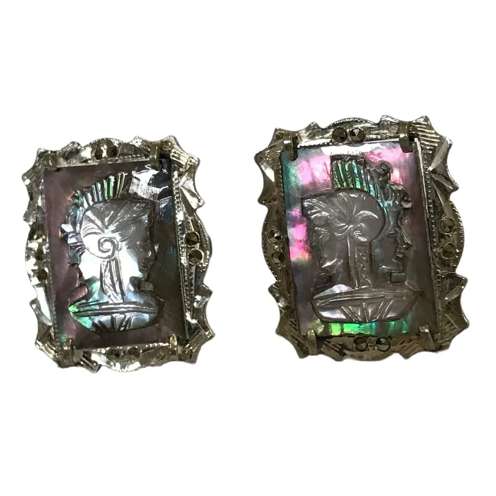Silver 800 Abalone MOP Marcasite Hand Carved Roman Soldier Cuff Link Set